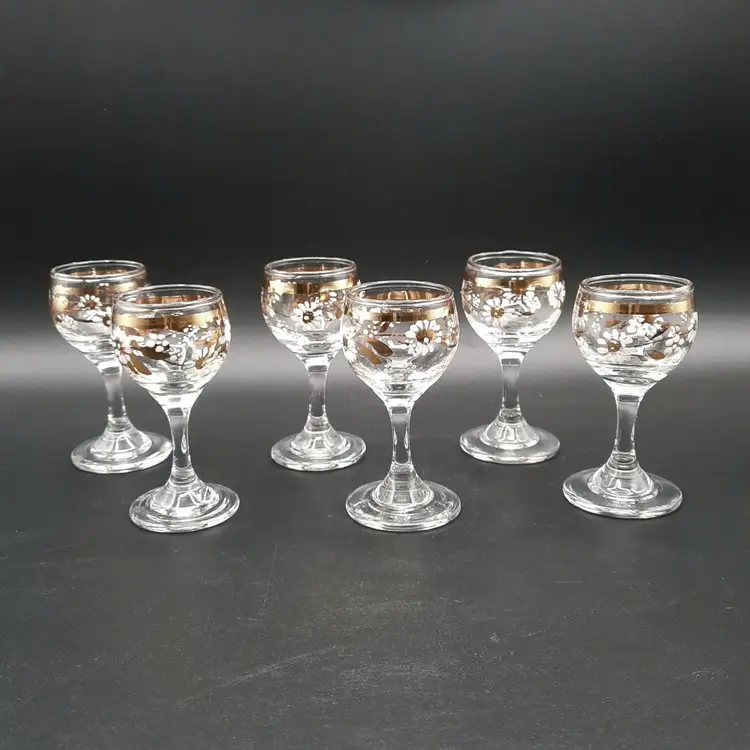 Vintage Handpainted White Gold Floral Cordial Liqueur Glasses Set of 6