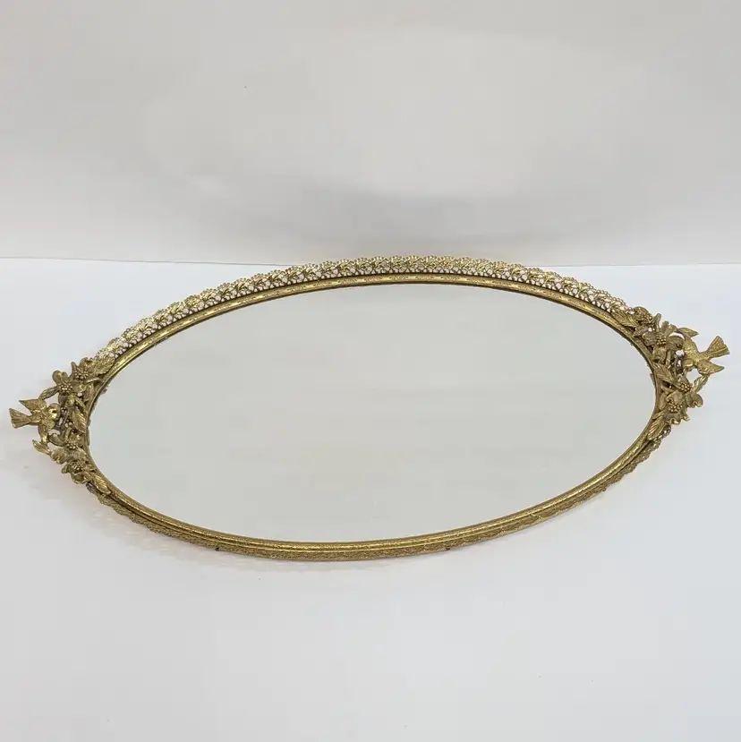 Vintage Matson Gold Oval Vanity Mirror Tray Birds Dogwood Filigree Ormolu Signed