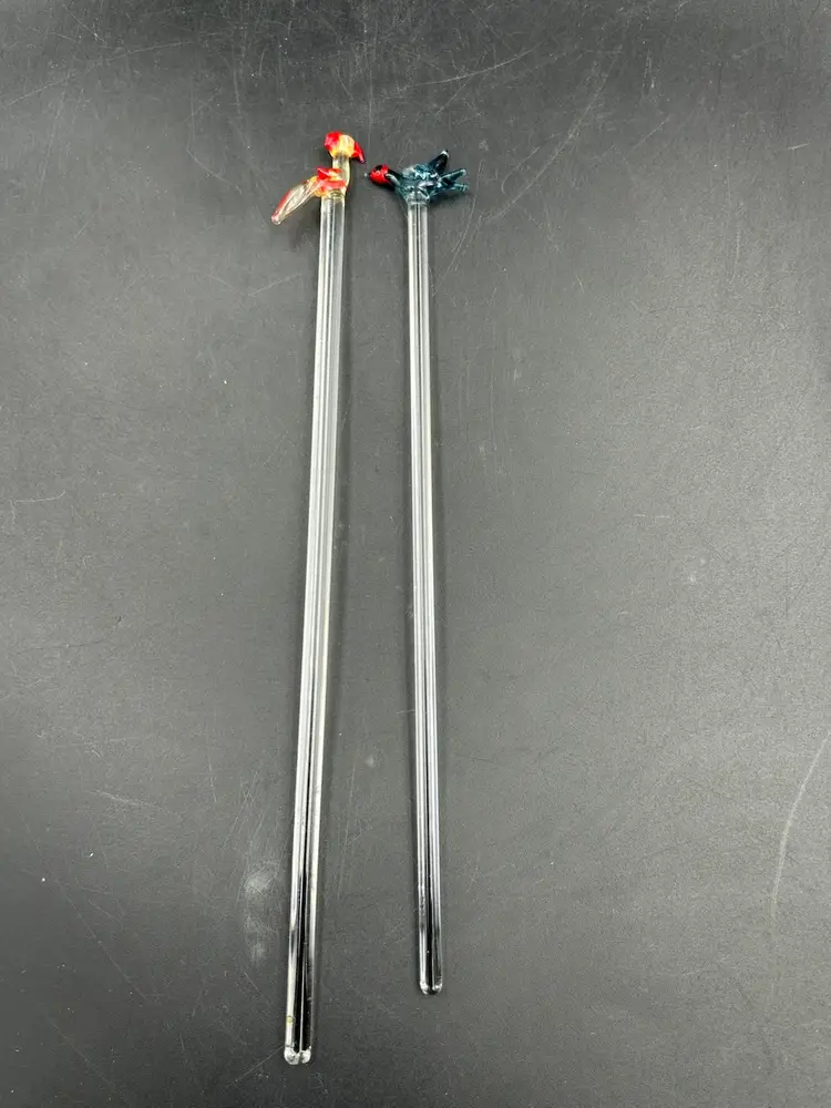 2 Vintage hand blown glass bird swizzle/stir cocktail sticks