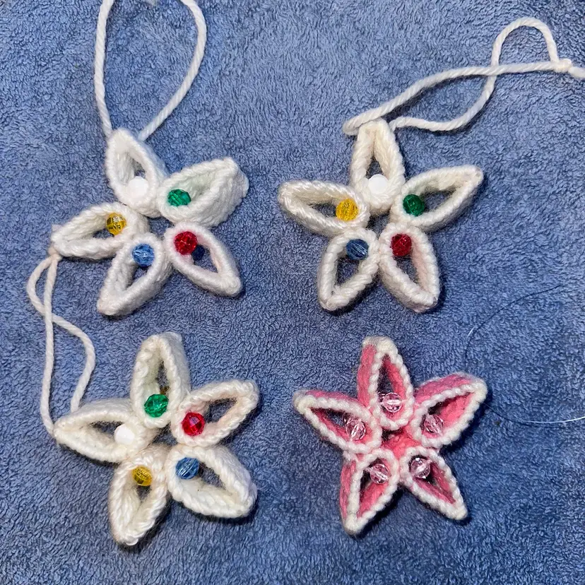 Vintage Handmade Snowflake Plastic Canvas Yarn Beads Christmas Ornaments Set 4