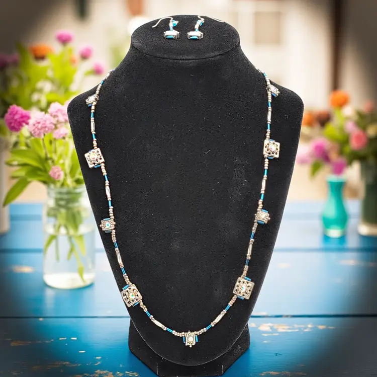 Art Nouveau Delicate Blue Beads, Aurora Borealis Silver Tone Necklace Earrings