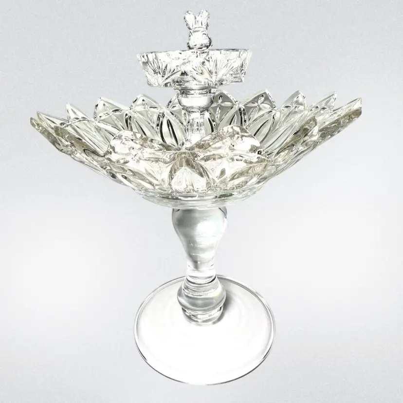 Tiered Glass Crystal Centerpiece Compote Bowl With Glass Bunny Rabbit Topper. Vintage Pressed Glass. Handmade By Me 🫶 Approx. 12-1/2” tall.