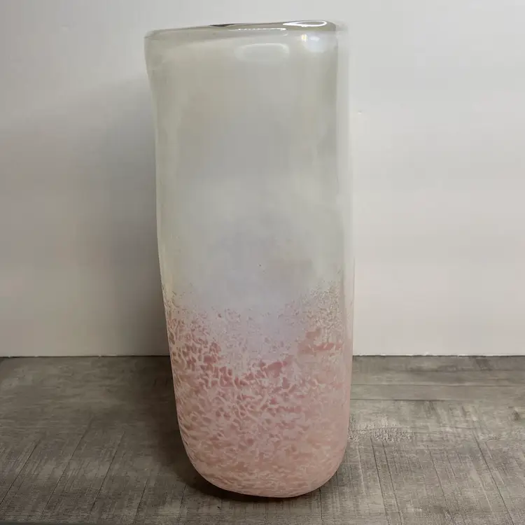 Pink White Rainbow Iridescent Collectible Art Glass Tall Rectangle Vase 9 in