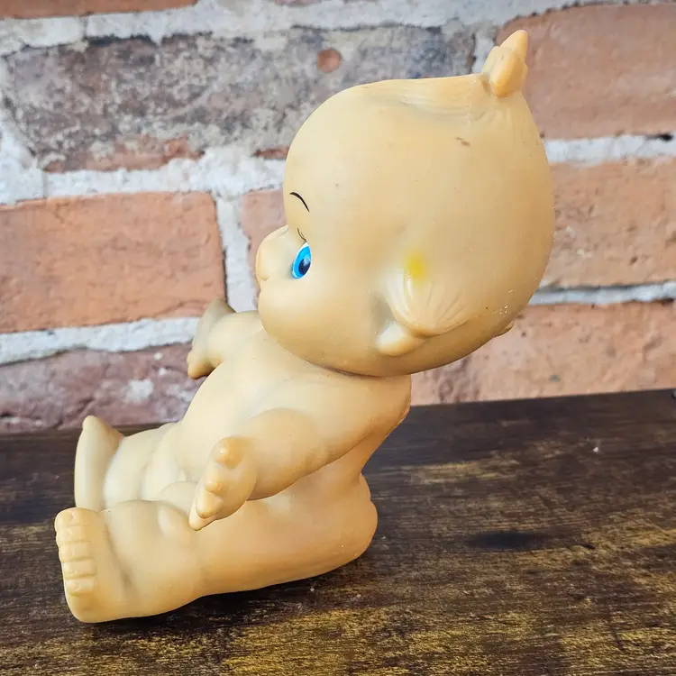 Vintage 1960's Rubber Kewpie Style Squeak Doll Blue Eyes Chubby Baby Rubber Squeak Doll