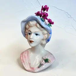 Vintage Porcelain Bust Woman’s Head w/ Pink Dress, Blue Hat & Applied Flowers