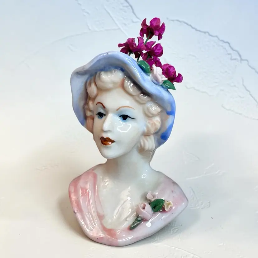 Vintage Porcelain Bust Woman’s Head w/ Pink Dress, Blue Hat & Applied Flowers