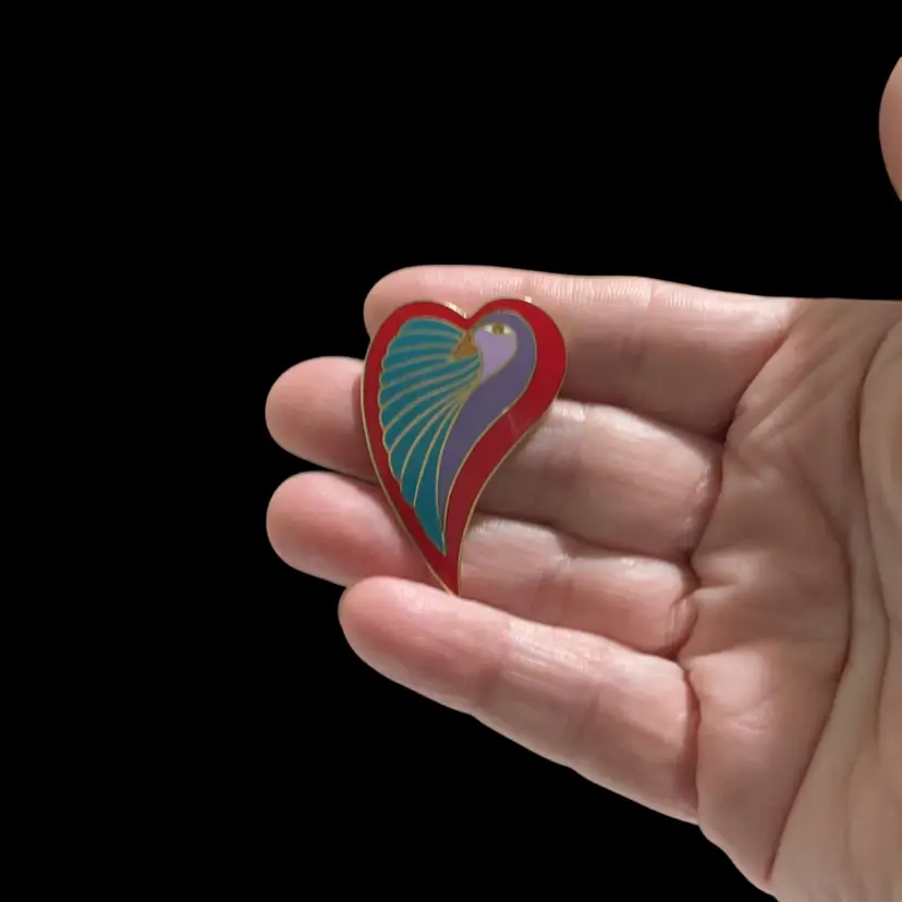 Vintage Goldtone Laurel Burch “ Dove Heart” Brooch. Multi Color Enamel Heart With Nestled Dove Within.