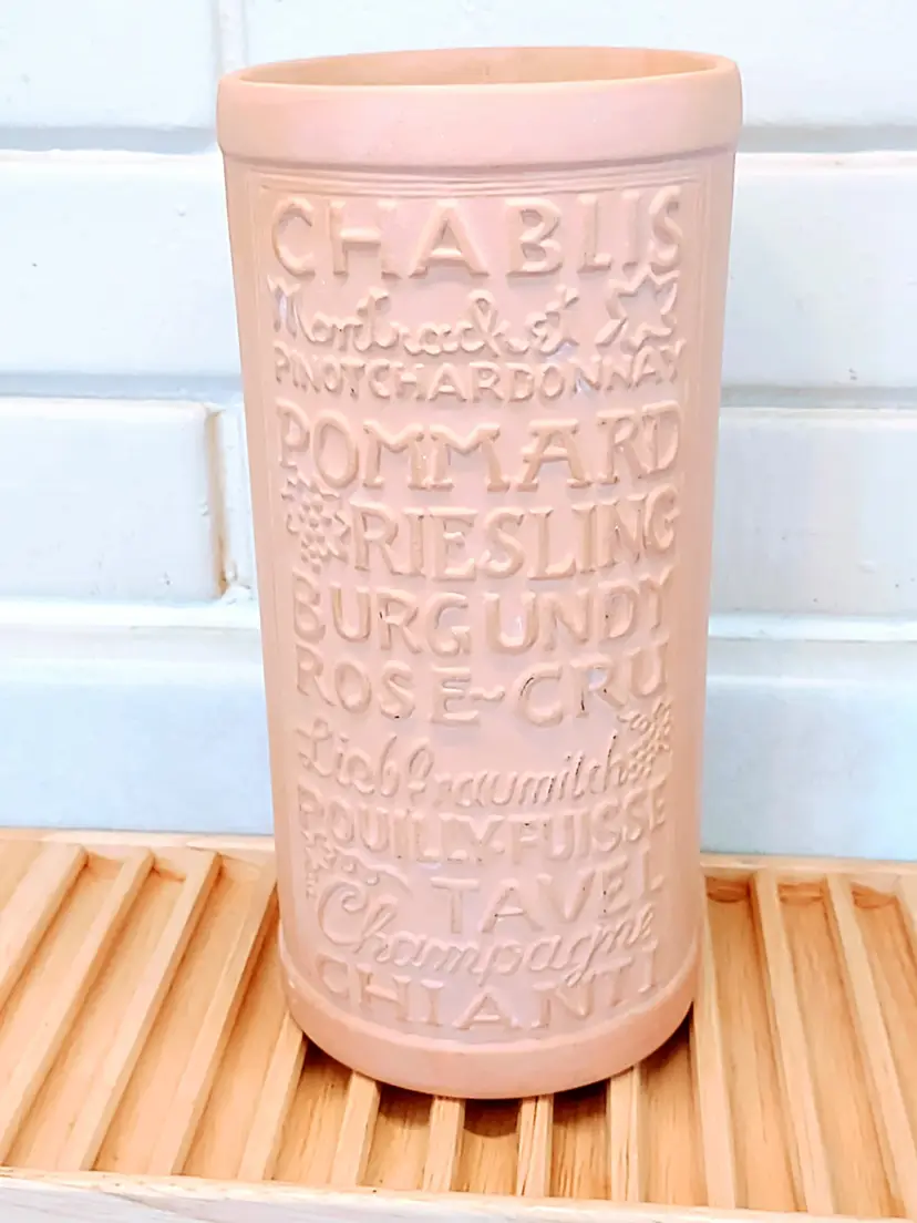 VINTAGE TERRA COTTA CLAY UTENSIL HOLDER WINE BOTTLE CHILLER WITH NAMES OF WINE