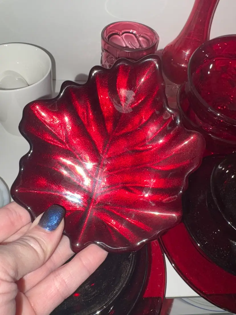 Two Red Glass Leaf Dishes