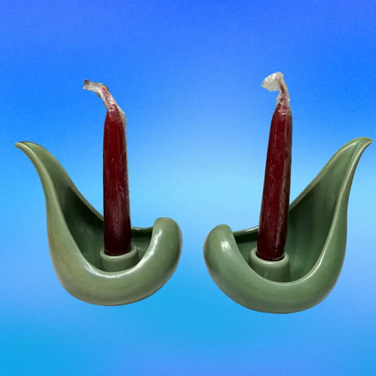 Set Of 2 Red Wing Art Pottery Green Tear Drop Candle Holders MCM