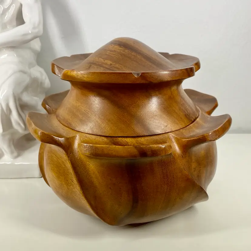 MONKEY POD Wood LOTUS Serving BOWL + LID Hand Carved VTG Hawaiian LUAU Tiki Bar