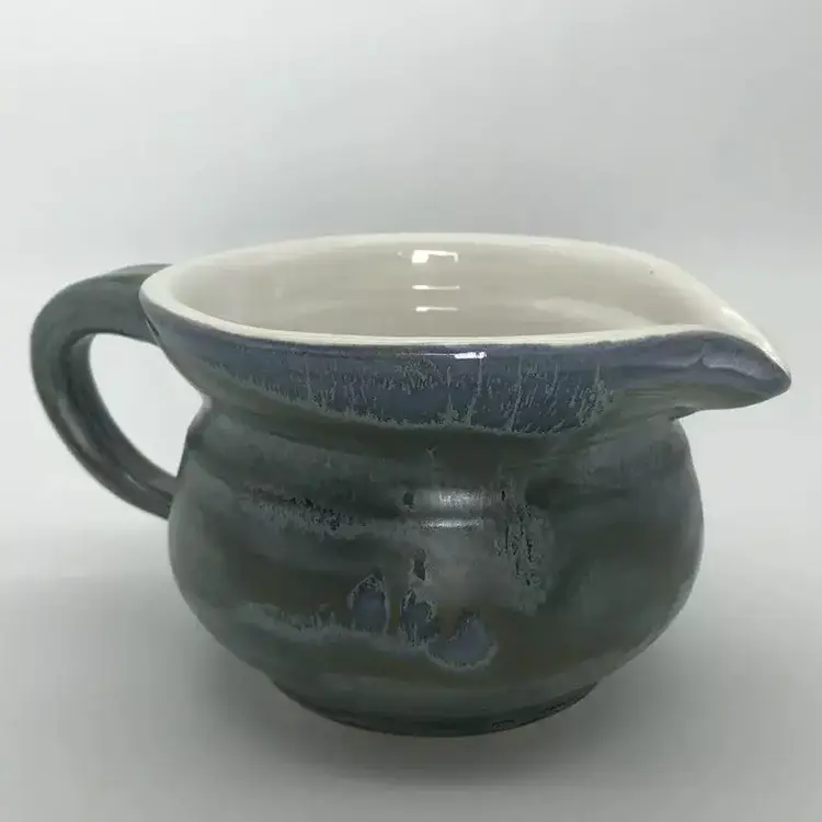 Art Pottery Large Creamer Blue Glaze Signed Dated Handle Ceramic Stoneware Gravy