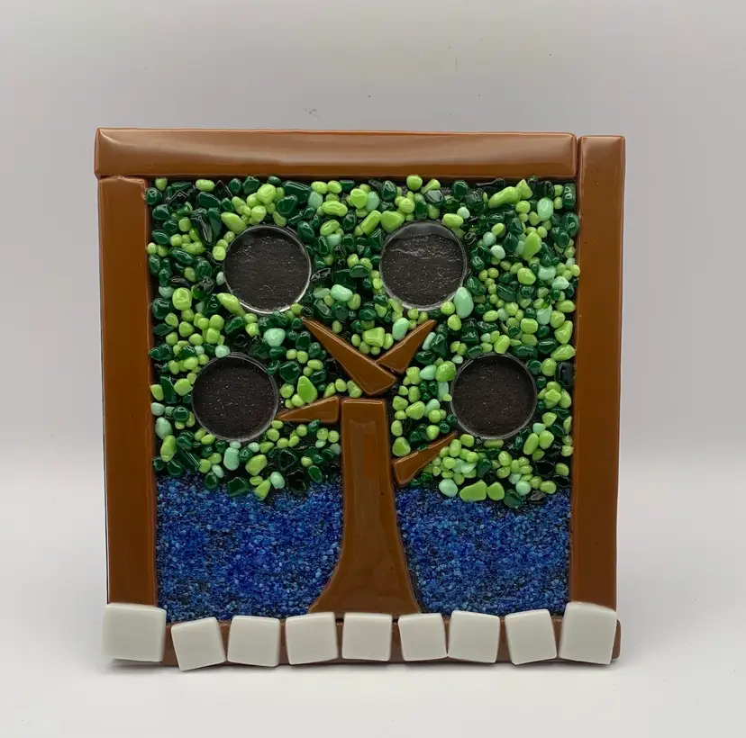 Mosaic 6x6” Family Tree Plaque. 4 Clear Circles For Photos. Artisan Made