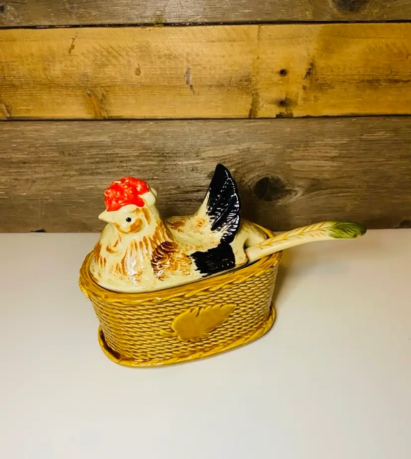 Vintage Rossini Hen On Nest Basket Soup/Gravy Tureen with Spoon Country Farmhouse Retro CottageCore