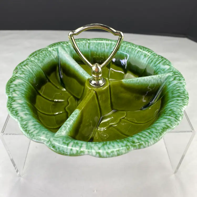 Vintage Pottery R-29 Divided Serving Caddy Green Drip Glaze