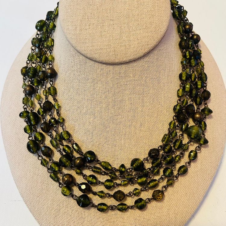 Vintage 5-Strand Green Glass Bead Linked Necklace 14”-16”