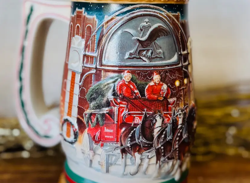 #01 - Vintage Budweiser 1997 Holiday Stein Christmas Mug with Clydesdales - Beer Stein
