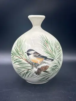 hand painted chickadee winter pine bud vase signed