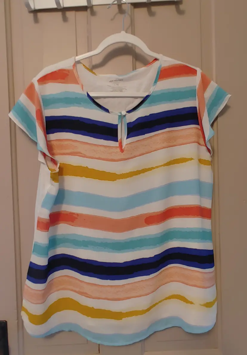 Top- Brand: Van Heusen. Size Large. Striped front, solid white back. Front- 100% polyester. Back- 60% cotton, 40% polyester. No callouts.