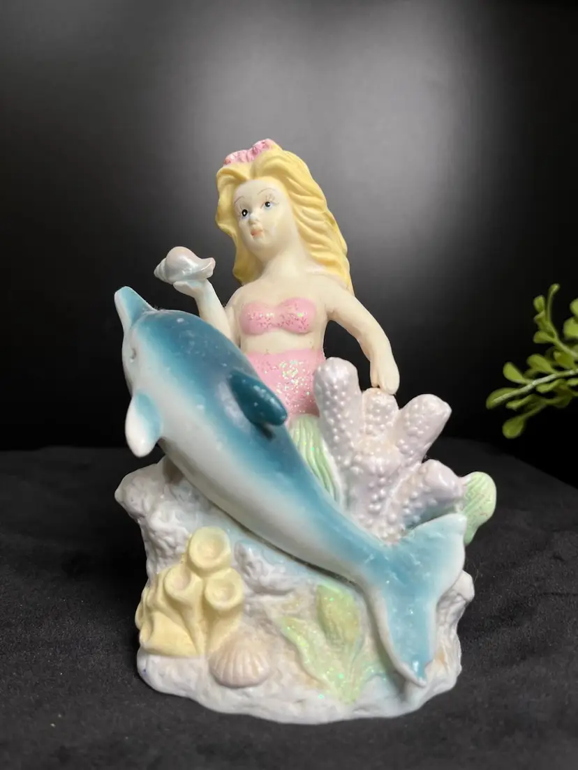 Vintage Mermaid on Coral Reef w/ Playful dolphin