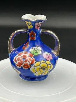 Multi Floral To Handle Mini Blue Vase With Gold Accents
