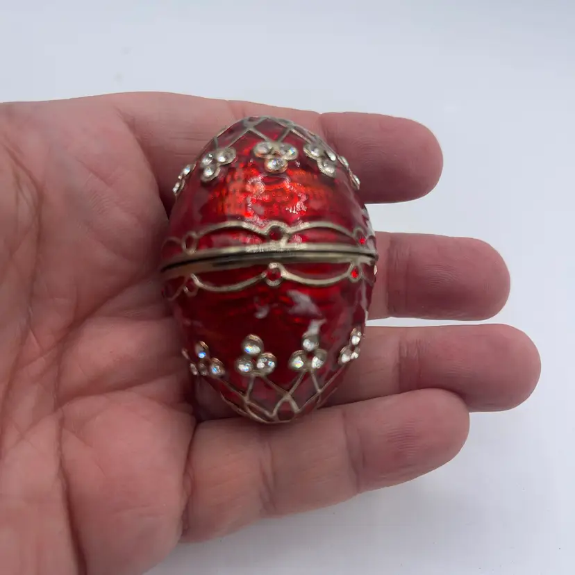 Jeweled Egg Trinket Box Red With Jewels 2.5"