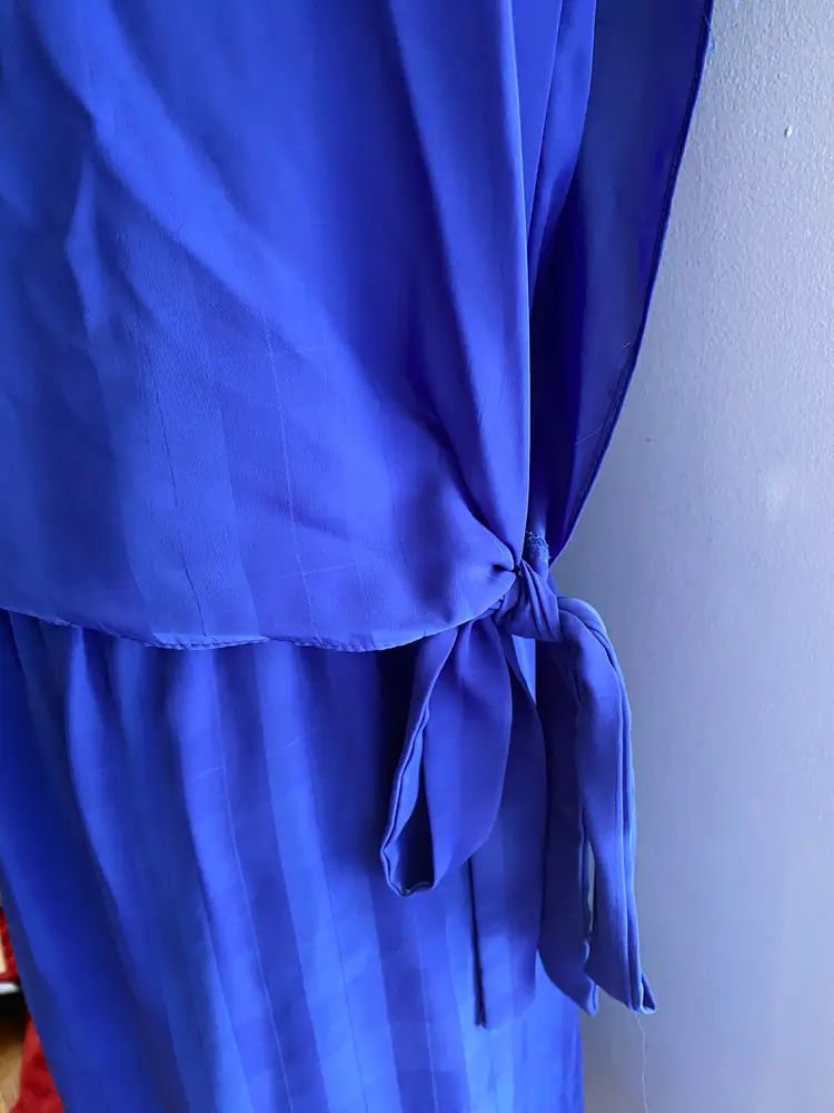 Vintage Blue Check Aaron Peters Blouson Style 3/4 Sleeved Side tie Dress Large