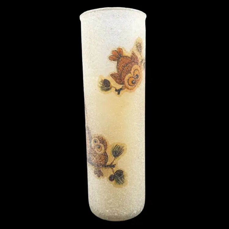 #242B Vintage Sugar Frosted/Textured Glass Pillar Candle Holder With A Whimsical Owl Family On Branches Design Circa 1970’s