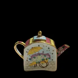 Vintage 2001 Vivian Chan Porcelain Miniature Collectible Teapot. “ Umbrella Flower Cart “ Beautiful Spring Colors& Flowers.