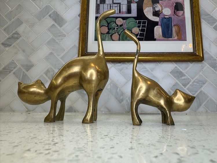 Brass Cat Ring Holder Figurines Set of 2 Mid Century Brass Kitten Decor