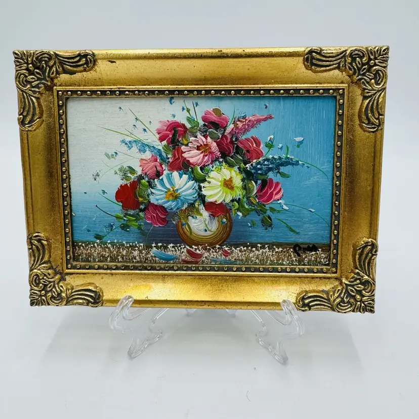 Original Art Oil Painting Framed Roses Floral Bouquet Signed 7.5in x 5.5in