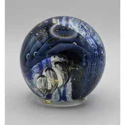 Abstract Blue Swirls Gold Leaf Art Glass Paperweight Signed Randy Strong 3.5"