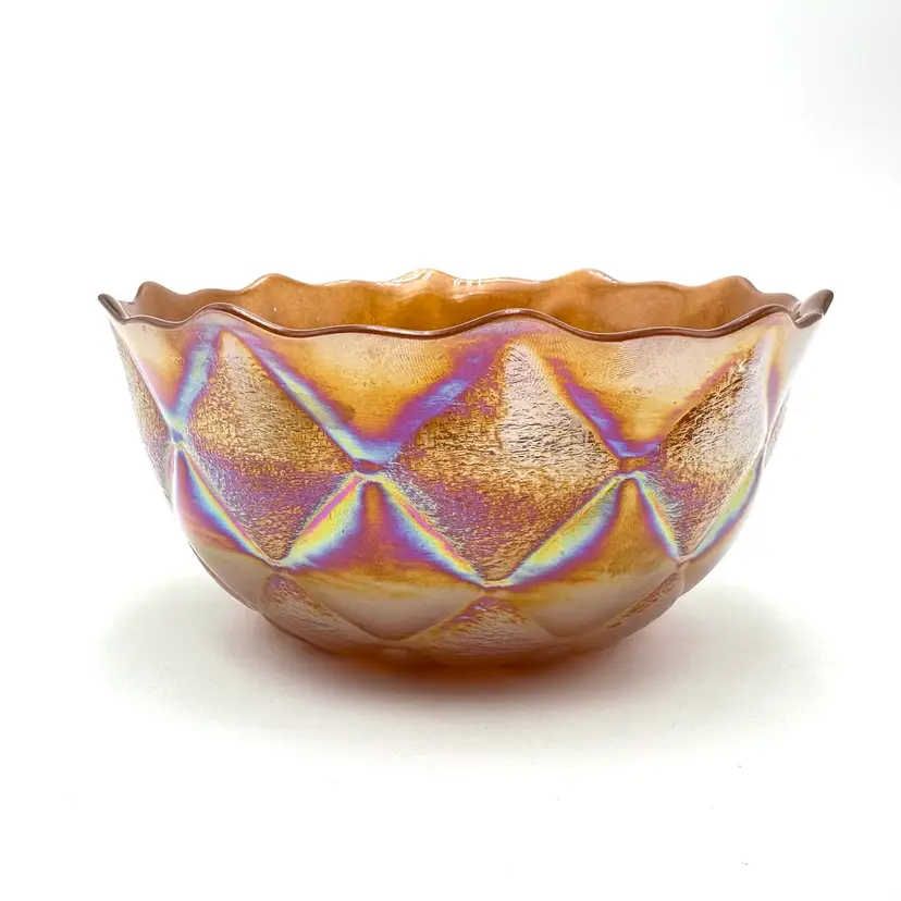 Iridescent Diamond Pattern Brown Interior Glass Bowl 7”D X 3.25”H READ