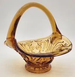 Imperial Glass Scroll Amber Basket Handle Base Star Burst Pattern Vintage Rare