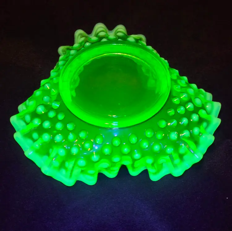 Art Glass Hobnail Candy Ruffled Bon Bon Glowy Uranium opalescent Fenton Vintage