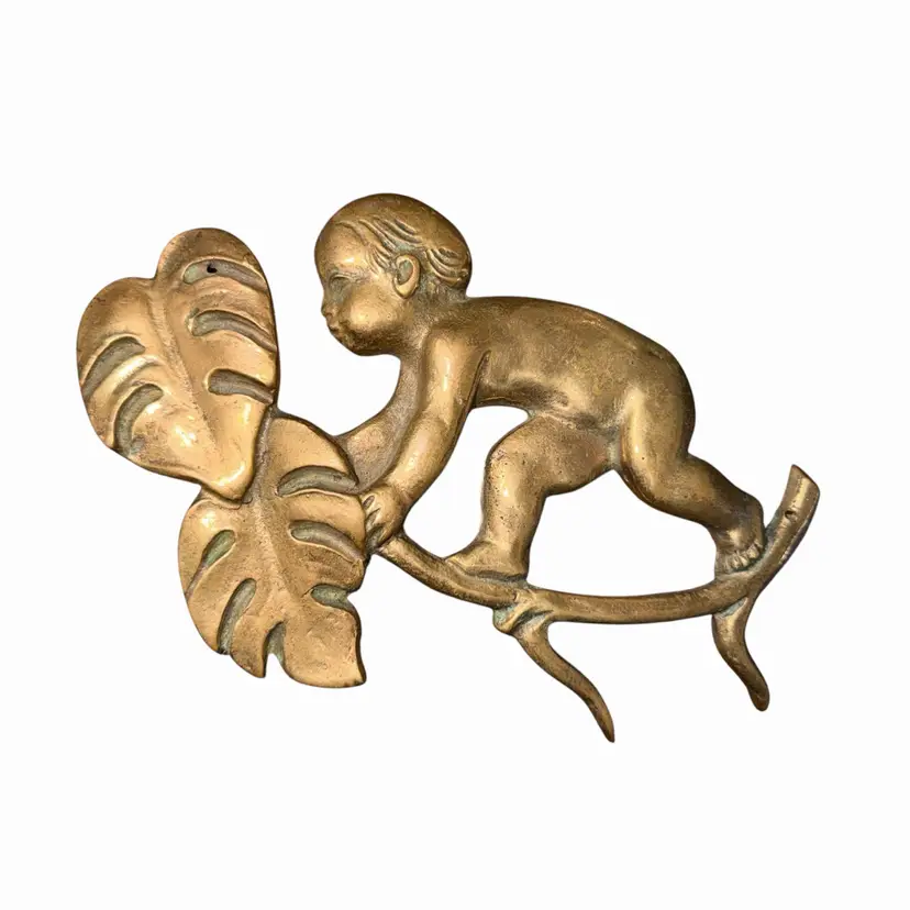 Vintage TINOS Denmark Figural Metal Plaque Jungle Boy Mowgli Style Art Deco