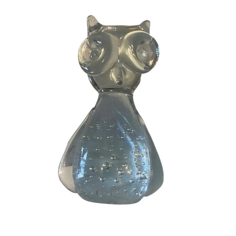 Vintage 1980s Art Glass Owl Paperweight/Figurine Controlled Bubbles- Hand Blown