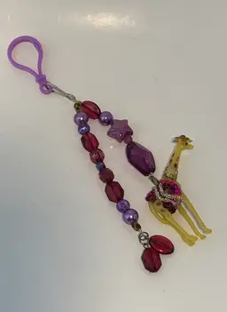 Handmade Purple Beaded Bag Charm/ Keychain With Giraffe Charm