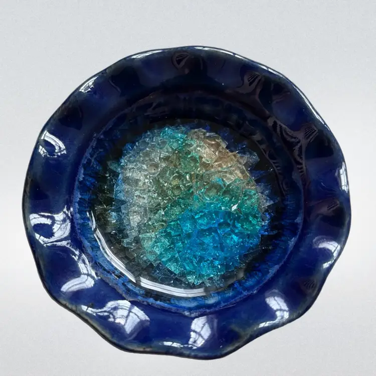 Art Pottery Trinket Ring Jewelry Dish Crushed Glass Bottom