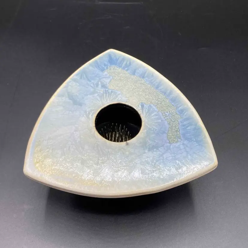 Art Pottery Ikebana Vase Crystalline Crackle Glaze Kenzan Flower Frog Signed JB