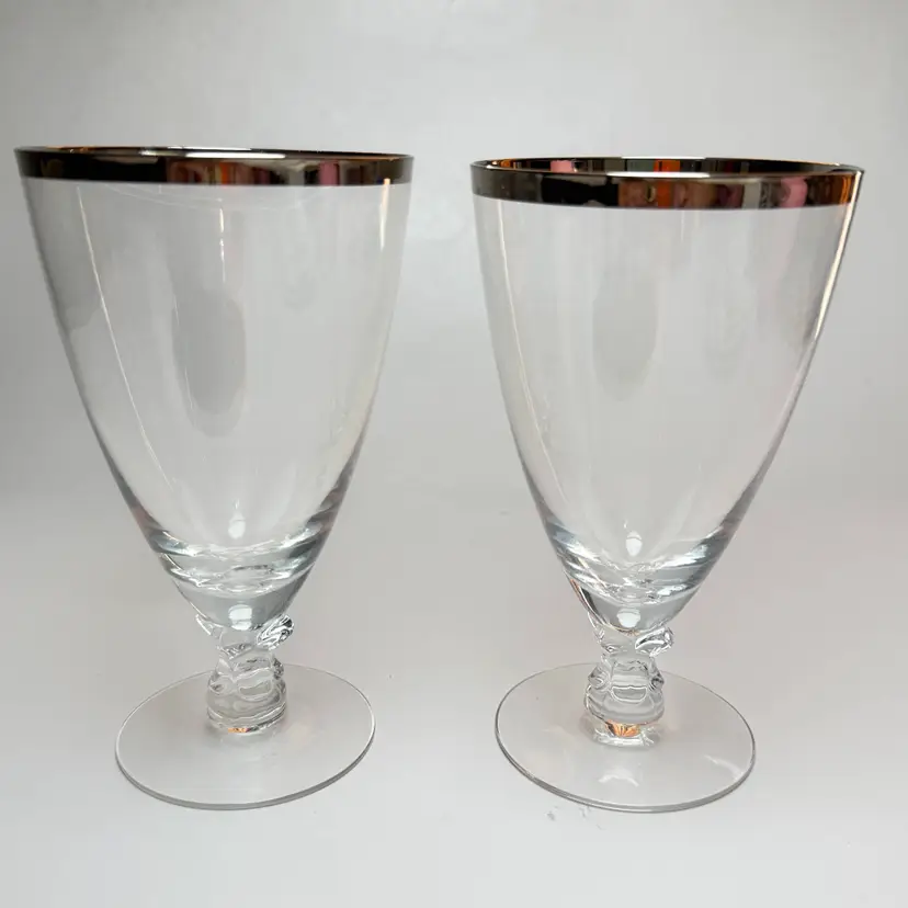 Vintage Set 2 Fostoria Crystal Wedding Ring Platinum Rim Ice Tea Water Glasses