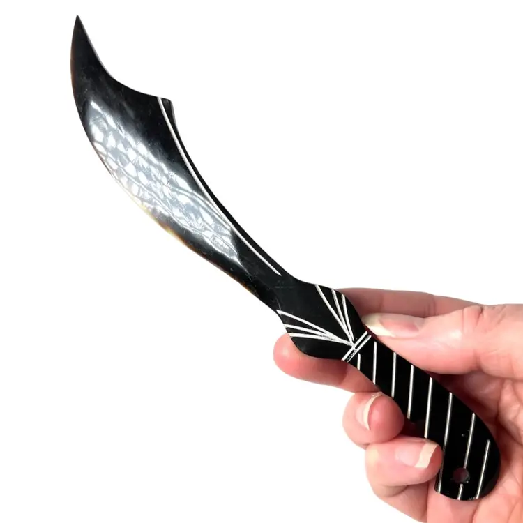 Horn Stationary Letter Opener. Scimitar Sword Shaped With White Painted Etchings. 7-1/4” Long. Lightweight.