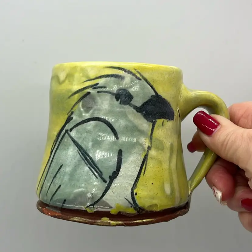 Studio Art Pottery Bird Drip Glaze Mug Green | 3.25”