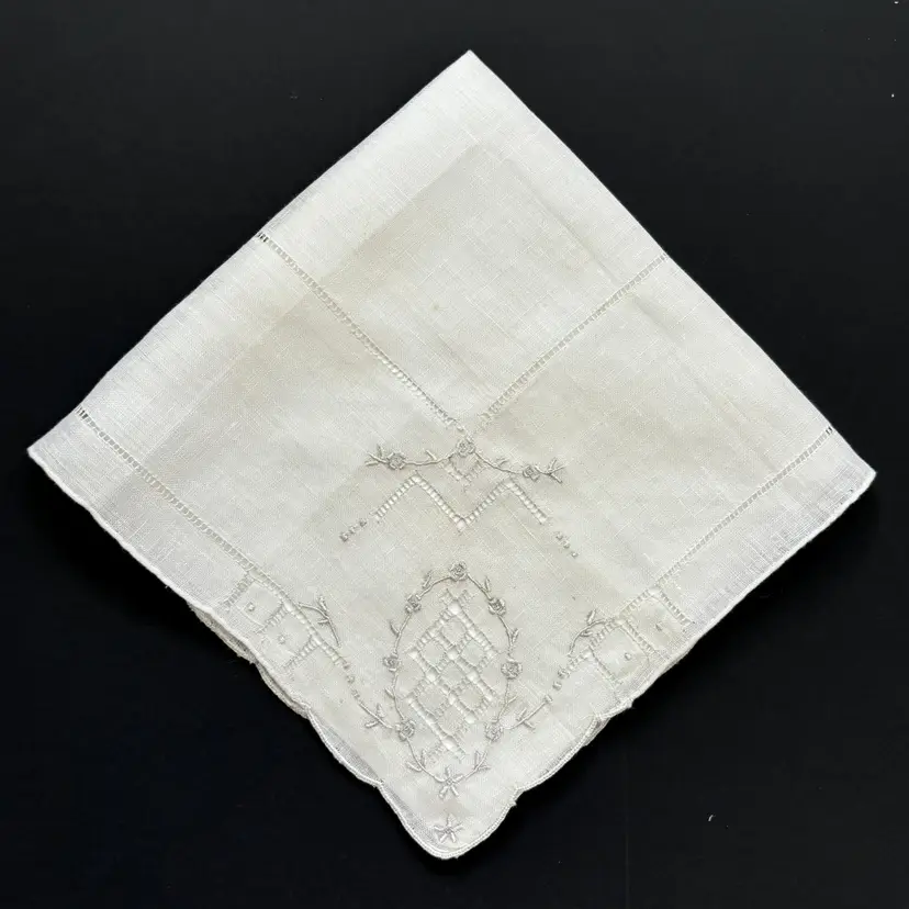 Embroidered White Linen Wedding Handkerchief Bride Cottage Core Granny Vintage