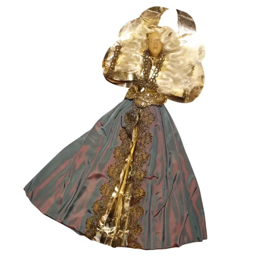 German Nuremberg Wax Face Angel Christmas Tree Topper Foil Decor Vintage 14"