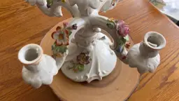 This is a vintage Dresden porcelain candelabra, likely made by the German company Von Schierholz.