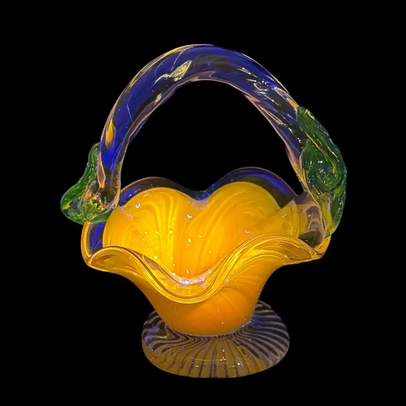 Canary Yellow Basket/Vase Hand Blown Art Glass W/Applied Green Leaves Glows
4.5” T x 4” W