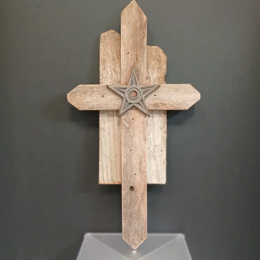 Barn Wood Cross with Cast Iron Star