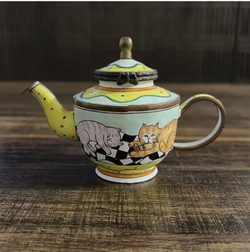 Vintage Kelvin Chen Cats Enamel Copper Mini Teapot #658 Hinged Lid