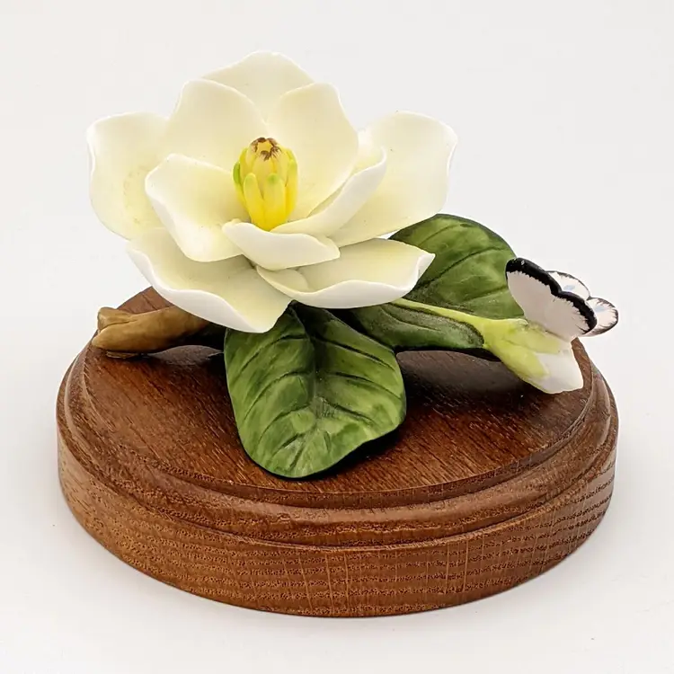 Vtg George Good Creamy Porcelain Magnolia w/ Butterfly Mounted on Wood for Table